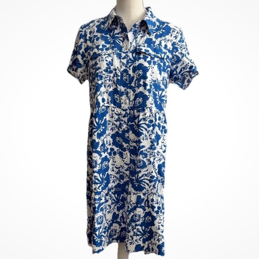 NWT Blue White Floral Short Sleeve Knee Length Dress w/Collar& Pockets Size S